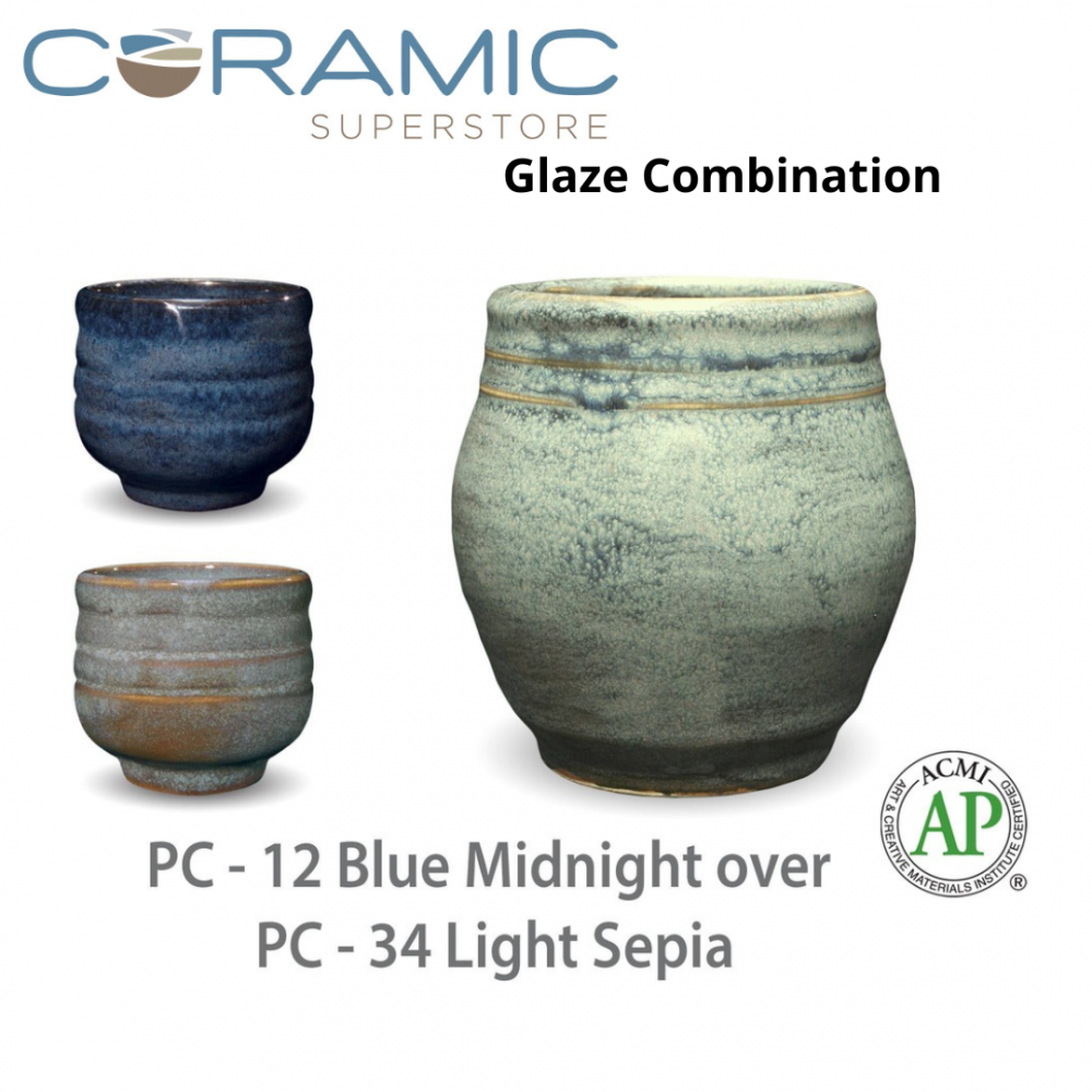 Blue Midnight PC-12 over Light Sepia PC-34 Pottery Cone 5 Glaze Combination